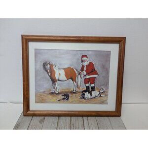 Jane McClure Jane's Prints Santa Claus with Horse Dog Farm Country Framed Print